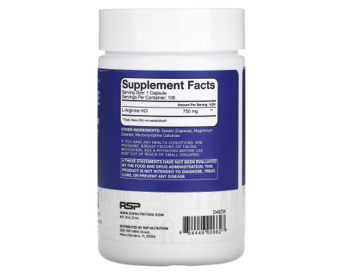 RSP Nutrition, L-Arginine, Nitric Oxide Precursor, 750 mg, 100 Capsules RSP Nutrition, L-Arginine, Nitric Oxide Precursor, 750 mg, 100 Capsules