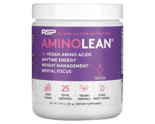 RSP Nutrition, AminoLean, 5 g Vegan Amino Acids + Anytime Energy, Acai, 7.94 oz (225 g) RSP Nutrition, AminoLean, 5 g Vegan Amino Acids + Anytime Energy, Acai, 7.94 oz (225 g)