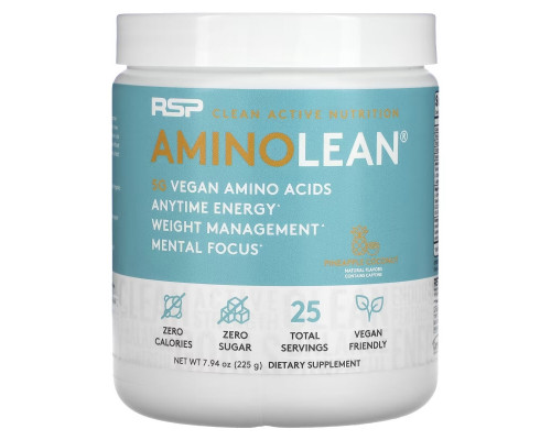 RSP Nutrition, AminoLean, 5 g Vegan Amino Acids + Anytime Energy, Pineapple Coconut, 7.94 oz (225 g) RSP Nutrition, AminoLean, 5 g Vegan Amino Acids + Anytime Energy, Pineapple Coconut, 7.94 oz (225 g)