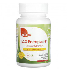 Витамины группы B Zahler, B12 Energizer +, улучшенная формула витамина B12, натуральная вишня, 5000 мкг, 120 пастилок