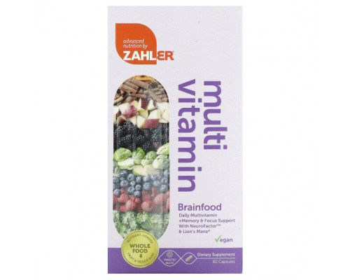 Витаминно-минеральные комплексы Zahler, Multivitamin Brainfood, ежедневная мультивитаминная добавка для поддержки памяти и концентрации, с NeuroFactor и ежовиком гребенчатым, 60 капсул Витаминно-минеральные комплексы Zahler, Multivitamin Brainfood, ежедневная мультивитаминная добавка для поддержки памяти и концентрации, с NeuroFactor и ежовиком гребенчатым, 60 капсул