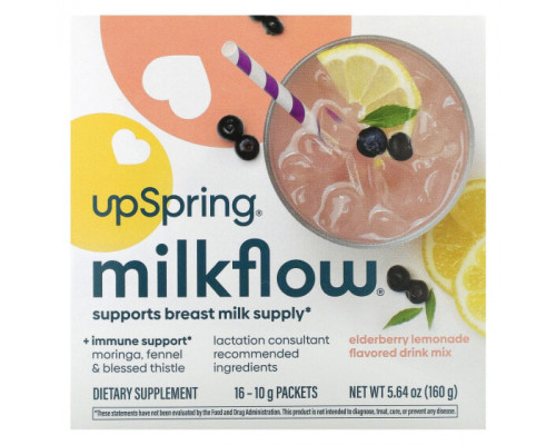 Женское здоровье UpSpring, Смесь для напитков Milkflow, бузинный лимонад, 16 пакетиков по 10 г Женское здоровье UpSpring, Смесь для напитков Milkflow, бузинный лимонад, 16 пакетиков по 10 г
