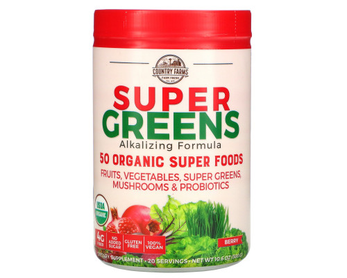 Country Farms, Super Greens, сертифицированная органическая формула из цельных продуктов, вкусный ягодный аромат, 10,6 унц. (300 г) Country Farms, Super Greens, сертифицированная органическая формула из цельных продуктов, вкусный ягодный аромат, 10,6 унц. (300 г)