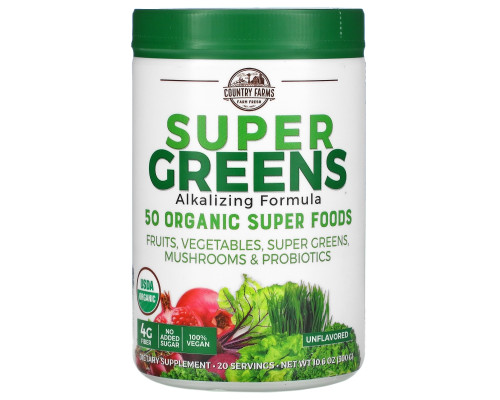 Country Farms, Super Greens, сертифицированная органическая формула из цельных продуктов, яркий натуральный вкус, 10,6 унц. (300 г) Country Farms, Super Greens, сертифицированная органическая формула из цельных продуктов, яркий натуральный вкус, 10,6 унц. (300 г)
