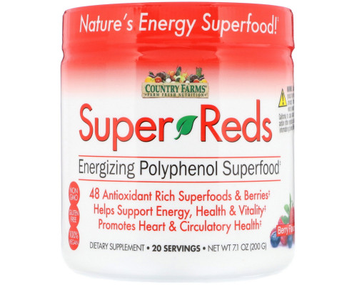 Country Farms, Super Reds, насыщающие энергией суперпродукты с полифенолами, со вкусом ягод, 7,1 унц. (200 г) Country Farms, Super Reds, насыщающие энергией суперпродукты с полифенолами, со вкусом ягод, 7,1 унц. (200 г)