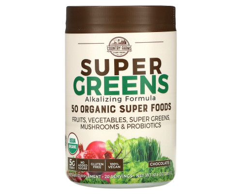 Country Farms, Super Greens, сертифицированная органическая формула из цельных продуктов, со вкусом шоколада, 10,6 унц. (300 г) Country Farms, Super Greens, сертифицированная органическая формула из цельных продуктов, со вкусом шоколада, 10,6 унц. (300 г)