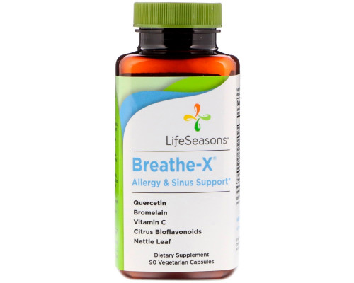 LifeSeasons, Средство от аллергии и для носовых пазух Breathe-X, 90 вегетарианских капсул LifeSeasons, Средство от аллергии и для носовых пазух Breathe-X, 90 вегетарианских капсул