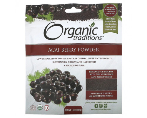 Фрукты и ягоды Organic Traditions, Порошок из ягод асаи, 100 г (3,5 унции)