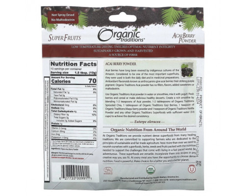 Фрукты и ягоды Organic Traditions, Порошок из ягод асаи, 100 г (3,5 унции)
