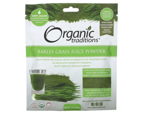 Зелень и зеленые овощи Organic Traditions, Порошок сока ячменя, 150 г (5,3 унции) Зелень и зеленые овощи Organic Traditions, Порошок сока ячменя, 150 г (5,3 унции)