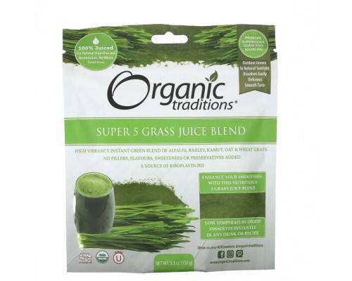 Зелень и зеленые овощи Organic Traditions, Смесь соков Super 5, 150 г (5,3 унции) Зелень и зеленые овощи Organic Traditions, Смесь соков Super 5, 150 г (5,3 унции)