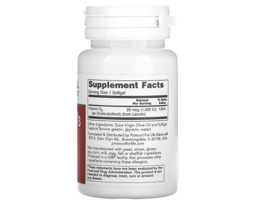 Protocol for Life Balance, Vitamin D3 , 1,000 IU, 120 Softgels Protocol for Life Balance, Vitamin D3 , 1,000 IU, 120 Softgels