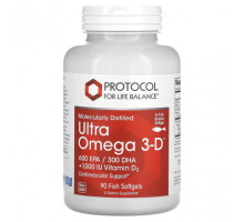 Рыбий жир и Омега 3, 6, 9 Protocol for Life Balance, Ultra Omega 3-D, 90 рыбных капсул