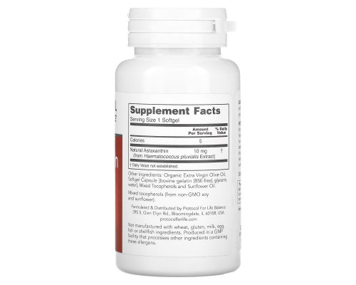 Protocol for Life Balance, Astaxanthin, 10 mg, 60 Softgels Protocol for Life Balance, Astaxanthin, 10 mg, 60 Softgels