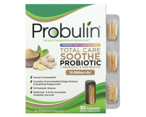 Пребиотики и пробиотики Probulin, Total Care Soothe пробиотик + пребиотик и постбиотик, 15 млрд КОЕ, 30 капсул Пребиотики и пробиотики Probulin, Total Care Soothe пробиотик + пребиотик и постбиотик, 15 млрд КОЕ, 30 капсул