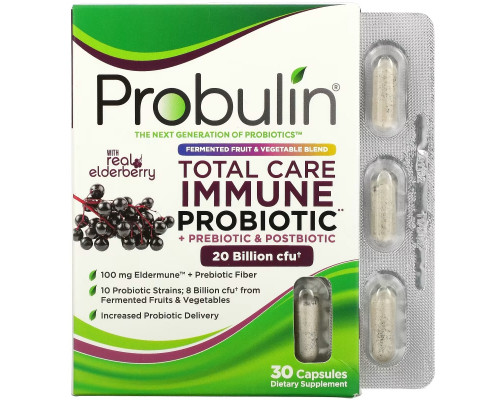 Probulin, Total Care Immune Probiotic + Prebiotic & Postbiotic with Real Elderberry, 20 Billion CFU, 30 Capsules Probulin, Total Care Immune Probiotic + Prebiotic & Postbiotic with Real Elderberry, 20 Billion CFU, 30 Capsules