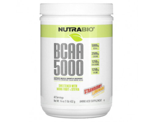 Аминокислоты NutraBio, BCAA 5000, клубничный лимонад, 452 г (1 фунт) Аминокислоты NutraBio, BCAA 5000, клубничный лимонад, 452 г (1 фунт)