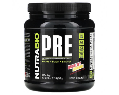 Аминокислоты NutraBio, PRE-Workout Performance Igniter, малиновый лимонад, 567 г (1,25 фунта) Аминокислоты NutraBio, PRE-Workout Performance Igniter, малиновый лимонад, 567 г (1,25 фунта)