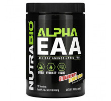 Аминокислоты NutraBio, Alpha EAA, незаменимые аминокислоты, со вкусом клубники и лимона, 458 г (1 фунт)