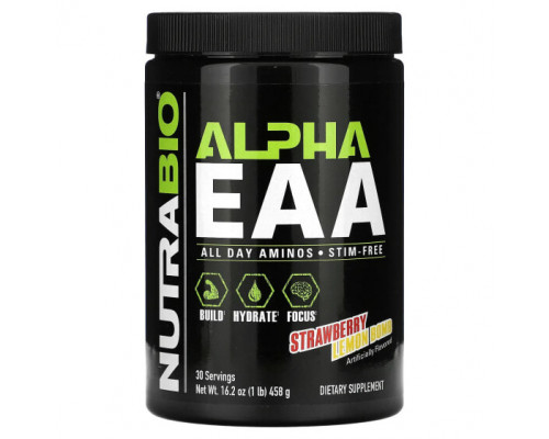 Аминокислоты NutraBio, Alpha EAA, незаменимые аминокислоты, со вкусом клубники и лимона, 458 г (1 фунт) Аминокислоты NutraBio, Alpha EAA, незаменимые аминокислоты, со вкусом клубники и лимона, 458 г (1 фунт)