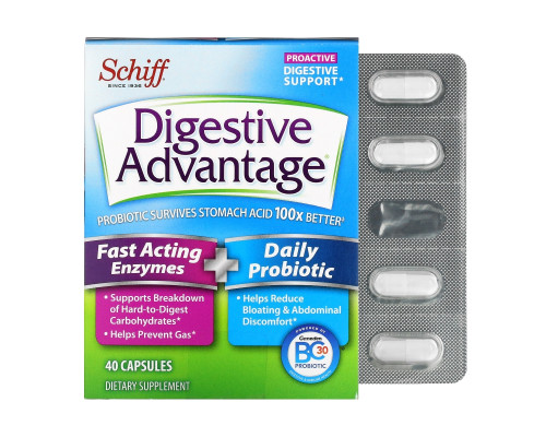 Schiff, Добавка для улучшения пищеварения Digestive Advantage, быстродействующие ферменты + ежедневный пробиотик, 40 капсул Schiff, Добавка для улучшения пищеварения Digestive Advantage, быстродействующие ферменты + ежедневный пробиотик, 40 капсул