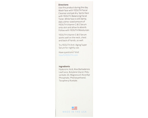 Yeouth, Vitamin C & E Serum, 2 fl oz (60 ml) Yeouth, Vitamin C & E Serum, 2 fl oz (60 ml)