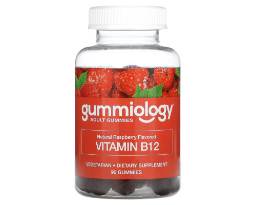 Gummiology, жевательные таблетки для взрослых с витамином В12 со вкусом малины, 90 вегетарианских жевательных таблеток Gummiology, жевательные таблетки для взрослых с витамином В12 со вкусом малины, 90 вегетарианских жевательных таблеток