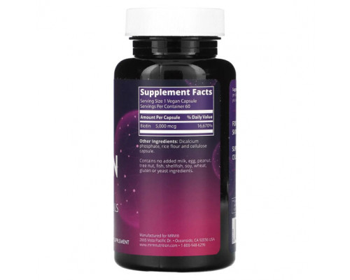 Для волос и ногтей MRM Nutrition, Биотин`` 60 веганских капсул Для волос и ногтей MRM Nutrition, Биотин`` 60 веганских капсул