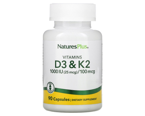 Nature's Plus, Витамин D3 / Витамин K2, 1000 МЕ / 100 мкг, 90 растительных капсул Nature's Plus, Витамин D3 / Витамин K2, 1000 МЕ / 100 мкг, 90 растительных капсул