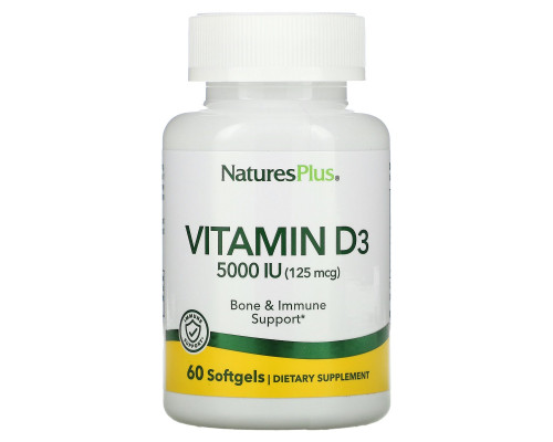 Nature's Plus, Витамин D3, 5000 МЕ, 60 мягких желатиновых капсул