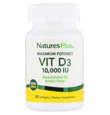 Nature's Plus, Максимальная эффективность, Вит. D3, 10 000 МЕ, 60 мягких таблеток