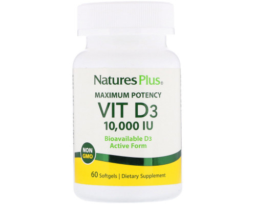 Nature's Plus, Максимальная эффективность, Вит. D3, 10 000 МЕ, 60 мягких таблеток Nature's Plus, Максимальная эффективность, Вит. D3, 10 000 МЕ, 60 мягких таблеток