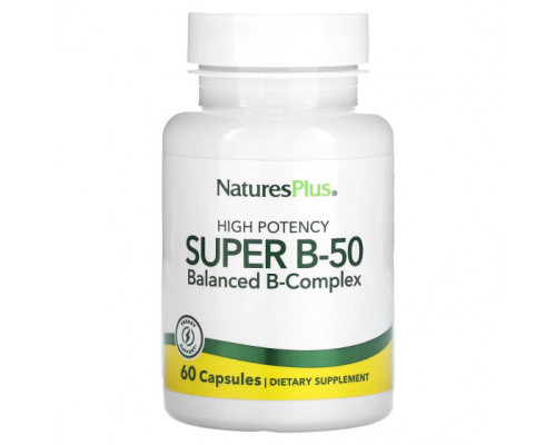 Витамины группы B NaturesPlus, Super B-50 с высокой эффективностью, 60 капсул Витамины группы B NaturesPlus, Super B-50 с высокой эффективностью, 60 капсул