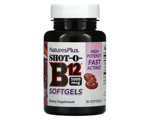 Nature's Plus, Shot-O-B12 Softgels, 5000 mcg, 30 Softgels Nature's Plus, Shot-O-B12 Softgels, 5000 mcg, 30 Softgels