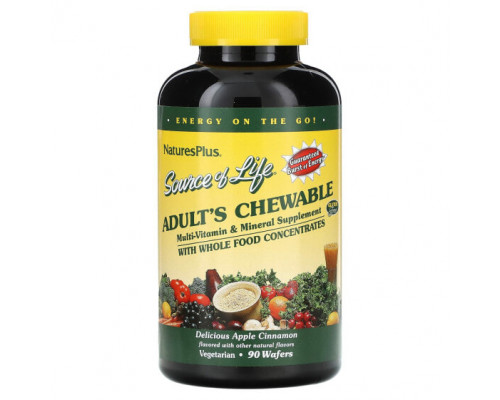 Витаминно-минеральные комплексы NaturesPlus, Source of Life, жевательная мультивитаминная и минеральная добавка для взрослых, вкусное яблоко и корица, 90 вафель Витаминно-минеральные комплексы NaturesPlus, Source of Life, жевательная мультивитаминная и минеральная добавка для взрослых, вкусное яблоко и корица, 90 вафель