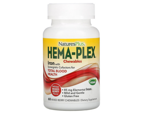 Nature's Plus, Hema-Plex, ягодное ассорти, 60 жевательных пастилок Nature's Plus, Hema-Plex, ягодное ассорти, 60 жевательных пастилок