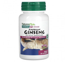 Женьшень NaturesPlus, Herbal Actives, американский женьшень, 250 мг, 60 веганских капсул
