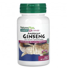 Женьшень NaturesPlus, Herbal Actives, американский женьшень, 250 мг, 60 веганских капсул