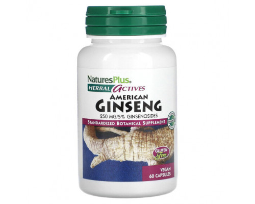 Женьшень NaturesPlus, Herbal Actives, американский женьшень, 250 мг, 60 веганских капсул Женьшень NaturesPlus, Herbal Actives, американский женьшень, 250 мг, 60 веганских капсул
