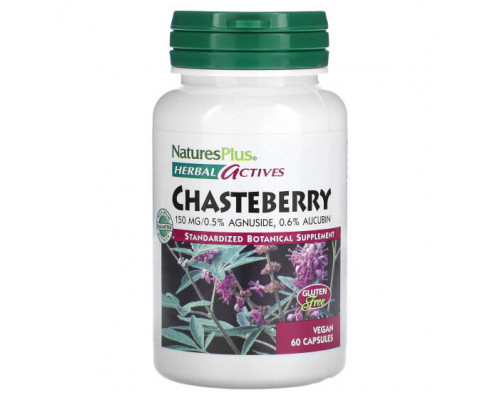 Фрукты и ягоды NaturesPlus, Herbal Actives, Chasteberry, 150 мг, 60 веганских капсул Фрукты и ягоды NaturesPlus, Herbal Actives, Chasteberry, 150 мг, 60 веганских капсул