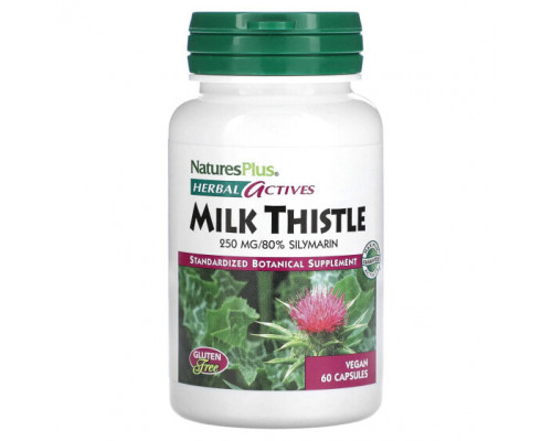 Для здоровья печени NaturesPlus, Herbal Actives, расторопша, 250 мг, 60 веганских капсул Для здоровья печени NaturesPlus, Herbal Actives, расторопша, 250 мг, 60 веганских капсул