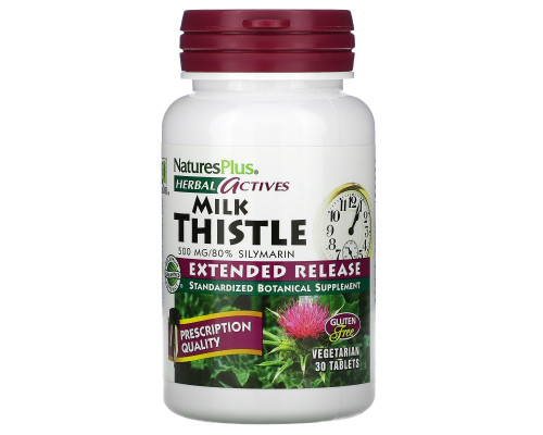 Nature's Plus, Herbal Actives, Молочный чертополох, с продлённым высвобождением, 500 мг, 30 таблеток Nature's Plus, Herbal Actives, Молочный чертополох, с продлённым высвобождением, 500 мг, 30 таблеток