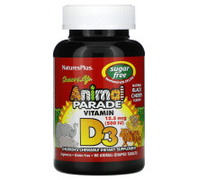Nature's Plus, Источник жизни, Парад животных, Витамин D3, без сахара, Натуральный вкус черешни, 500 МЕ, 90 животных