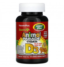 Nature's Plus, Источник жизни, Парад животных, Витамин D3, без сахара, Натуральный вкус черешни, 500 МЕ, 90 животных