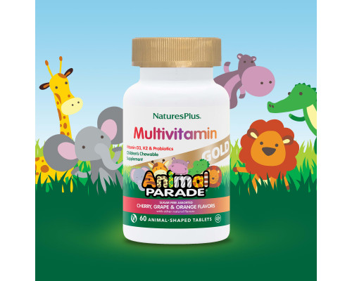 NaturesPlus, Source of Life, Animal Parade Gold, жевательные мультивитамины с микроэлементами для детей, в ассортименте, 60 таблеток в форме животных NaturesPlus, Source of Life, Animal Parade Gold, жевательные мультивитамины с микроэлементами для детей, в ассортименте, 60 таблеток в форме животных