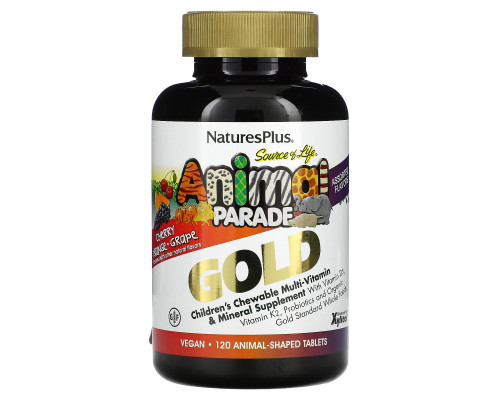 Nature's Plus, Парад зверей Gold от Source of Life, мультивитаминная жевательная добавка для детей с минералами, ассорти из натуральных ароматизаторов, 120 таблеток в форме животных Nature's Plus, Парад зверей Gold от Source of Life, мультивитаминная жевательная добавка для детей с минералами, ассорти из натуральных ароматизаторов, 120 таблеток в форме животных