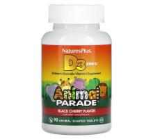 Nature's Plus, Source of Life с витамином D3, Animal Parade, детская мультивитаминная добавка с натуральным ароматом черной вишни, 500 МЕ, 90 жевательных капсул