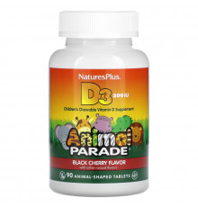 Nature's Plus, Source of Life с витамином D3, Animal Parade, детская мультивитаминная добавка с натуральным ароматом черной вишни, 500 МЕ, 90 жевательных капсул