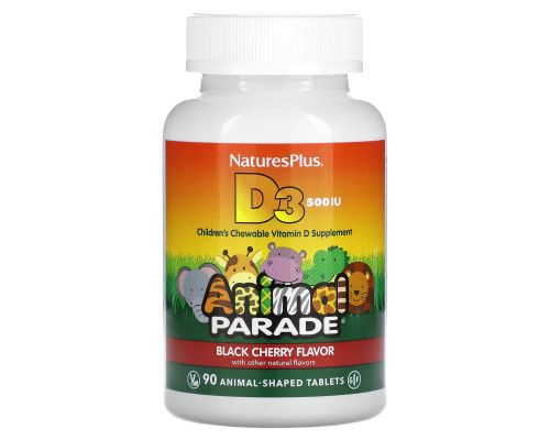 Nature's Plus, Source of Life с витамином D3, Animal Parade, детская мультивитаминная добавка с натуральным ароматом черной вишни, 500 МЕ, 90 жевательных капсул Nature's Plus, Source of Life с витамином D3, Animal Parade, детская мультивитаминная добавка с натуральным ароматом черной вишни, 500 МЕ, 90 жевательных капсул