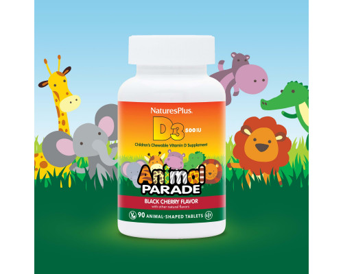 Nature's Plus, Source of Life с витамином D3, Animal Parade, детская мультивитаминная добавка с натуральным ароматом черной вишни, 500 МЕ, 90 жевательных капсул Nature's Plus, Source of Life с витамином D3, Animal Parade, детская мультивитаминная добавка с натуральным ароматом черной вишни, 500 МЕ, 90 жевательных капсул